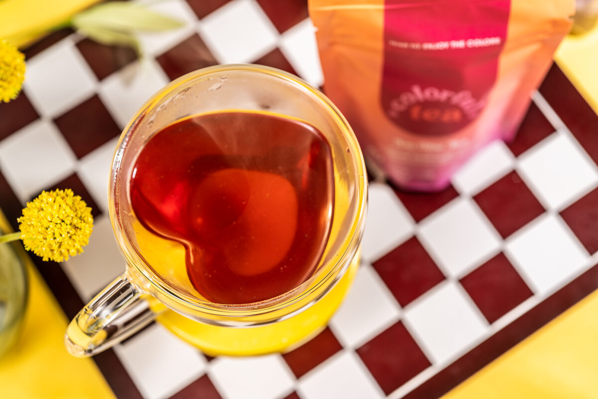 A colorful cup of tea from above