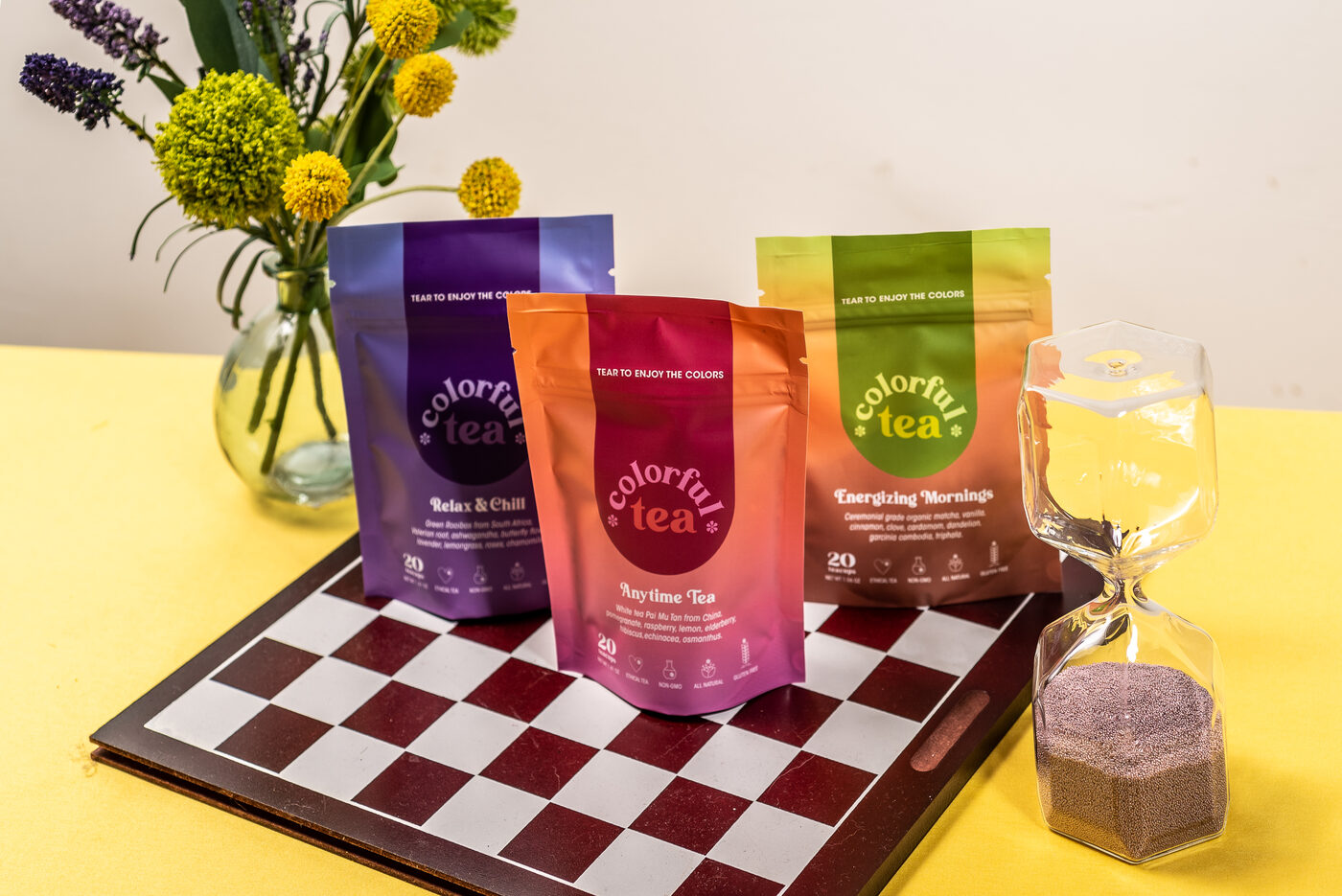 Colorful Tea blends styled with fresh flowers